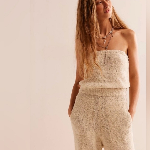 Free People FP beach Claire wet plaster terry cloth strapless one-piece jumpsuit - Picture 3 of 11